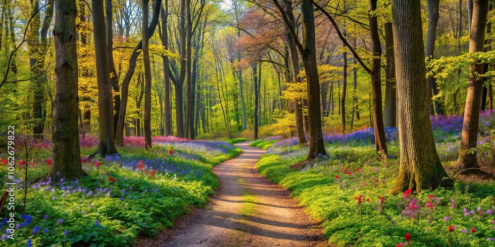 Fototapeta premium A winding path through a forest with new leaves and branches unfolding from trees, surrounded by a carpet of colorful wildflowers, walking trail, floral meadow, outdoor exploration, leafy greens