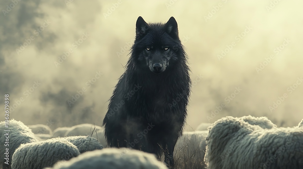 A quiet black wolf stands amidst oblivious sheep, conveying loneliness and solitude, mist-filled landscape, diffused morning light casting subtle shadows, cinematic depth with high detail, A quiet black wolf stands amidst oblivious sheep, conveying loneliness and solitude, mist-filled landscape, diffused morning light casting subtle shadows, cinematic depth with high detail,