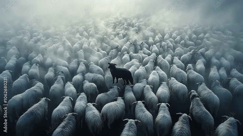 Obraz premium Aerial shot of a massive flock of white sheep, one black wolf centered within, forming a dramatic contrast, light fog creating a mysterious ambiance, soft shadows and fine detail on textures,