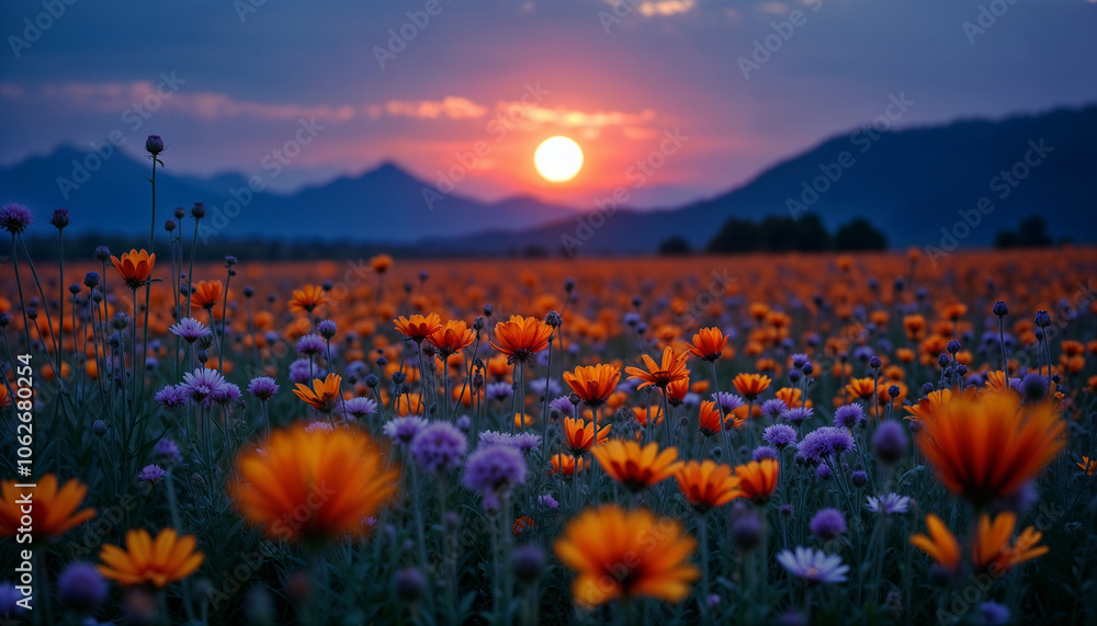 Golden Sunset Illuminating Wildflower Meadow with Majestic Mountain Range in Background Golden Sunset Illuminating Wildflower Meadow with Majestic Mountain Range in Background