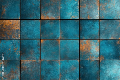 Vintage Turquoise Patchwork Tiles on Grunge Concrete Wall - Textured Background for Banner or Panorama