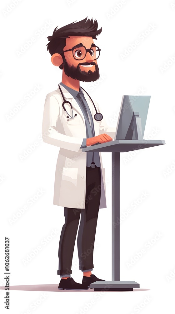 Male doctor in a white coat working at a computer station. Male doctor in a white coat working at a computer station.