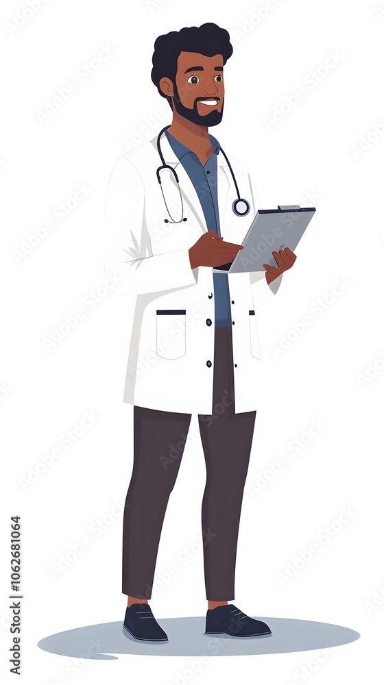 Happy male doctor checking patient records on a clipboard Happy male doctor checking patient records on a clipboard