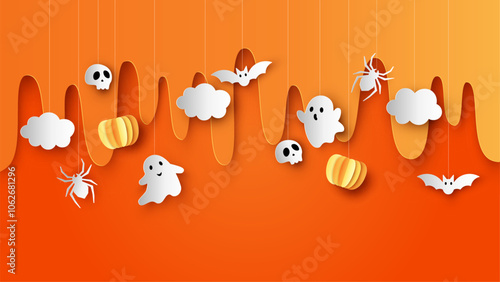 Happy Halloween banner or border with ghost, pumpkins, spider, bat and skull. Hanging Spooky Ornaments Decoration. paper cut and craft style. vector, illustration.