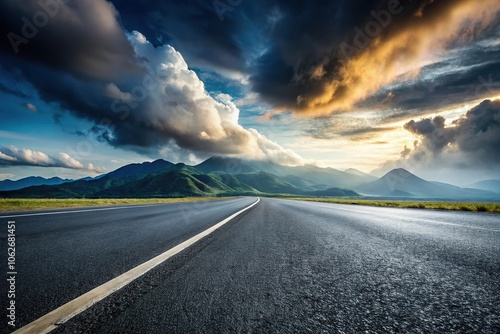 Asphalt road with cloudy sky and mountain background, taken from a low angle perspective