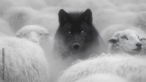 Black wolf seamlessly hiding within a sea of white sheep, only the faintest glimpse of its eyes creating tension, soft natural light and mist, cinematic depth and rich textures, photo