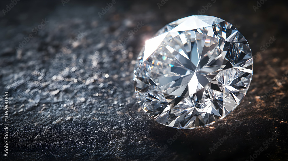 A round-cut diamond with intense sparkle, resting on a dark surface with reflections enhancing its facets A round-cut diamond with intense sparkle, resting on a dark surface with reflections enhancing its facets