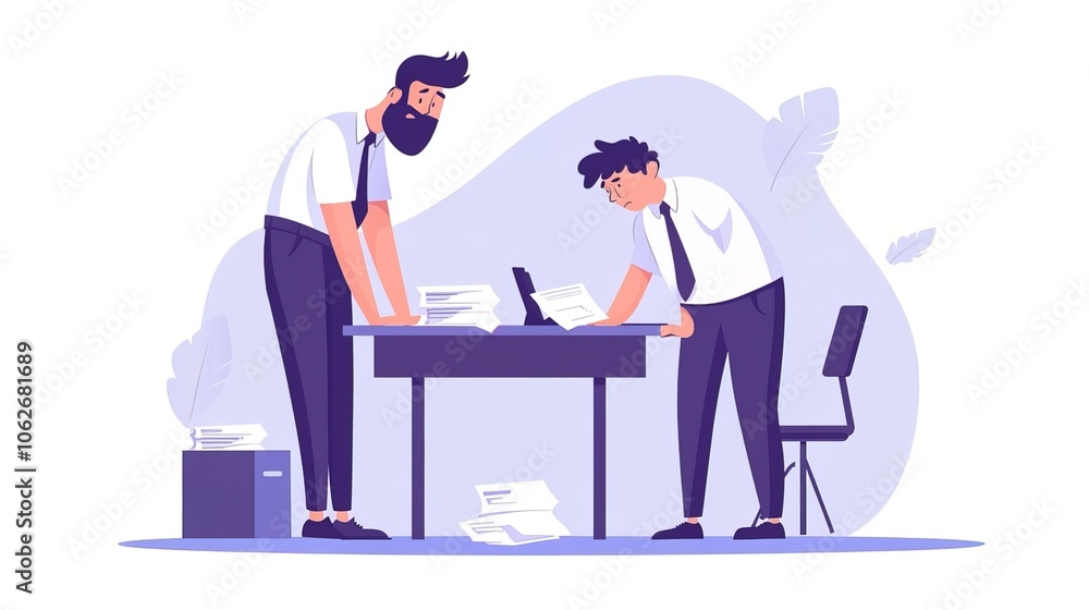 Boss standing over stressed employee, emphasizing the pressure and hierarchy in the workplace. Leadership and workplace dynamics. Boss standing over stressed employee, emphasizing the pressure and hierarchy in the workplace. Leadership and workplace dynamics.