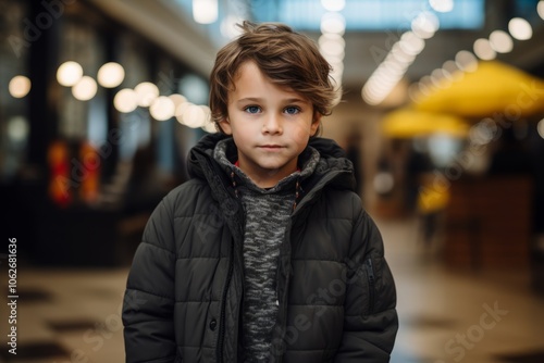 Portrait of a cute little boy in a winter jacket in the city.