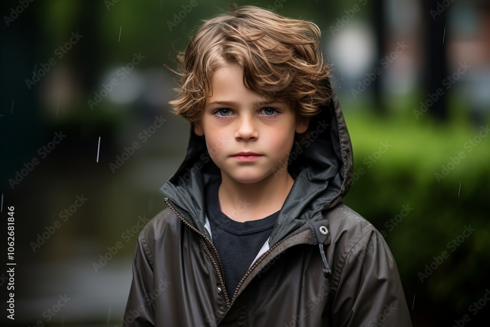 Portrait of a cute little boy in raincoat looking at camera Portrait of a cute little boy in raincoat looking at camera