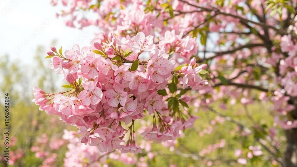 Beautiful spring nature scene with a pink blooming tree in full bloom, pink, foliage, serene Beautiful spring nature scene with a pink blooming tree in full bloom, pink, foliage, serene