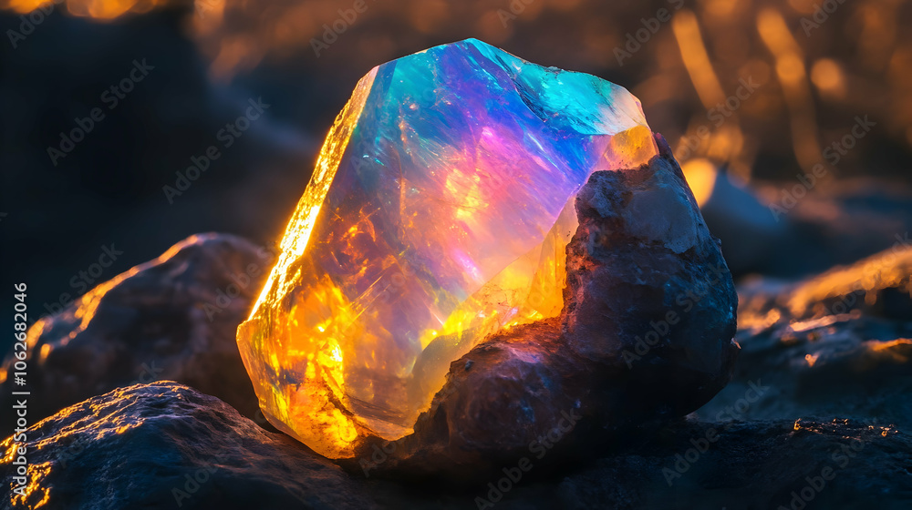 A raw opal gemstone emitting a luminous spectrum of colors, beautifully juxtaposed with its rough texture and natural surroundings
