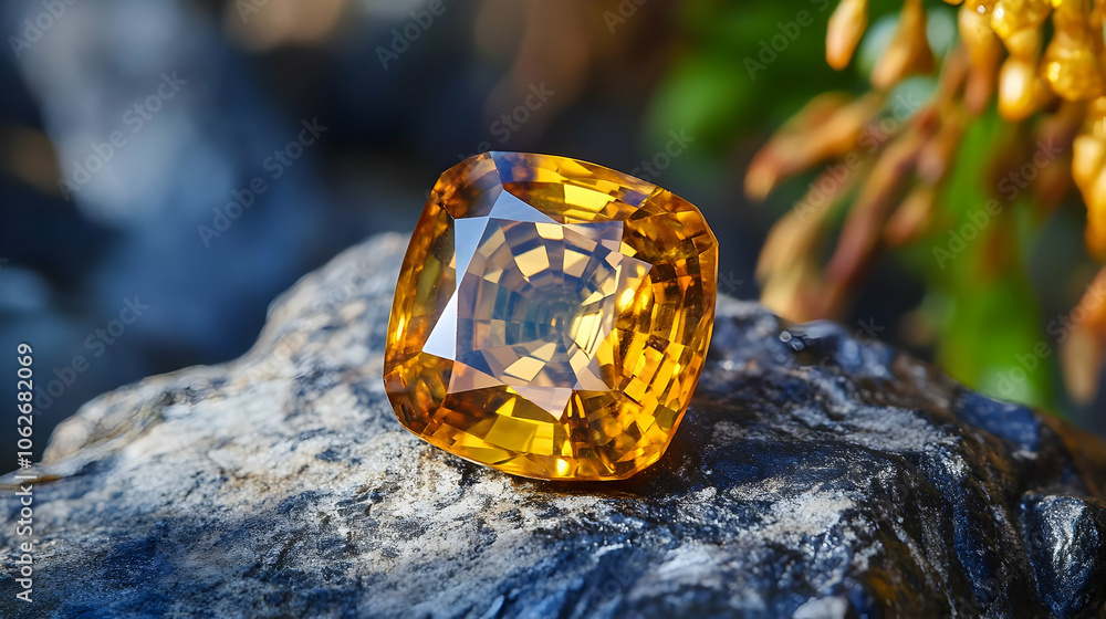 A rich honey-colored gemstone resting naturally among rocks, its facets sparkling in the ambient light of the outdoors A rich honey-colored gemstone resting naturally among rocks, its facets sparkling in the ambient light of the outdoors
