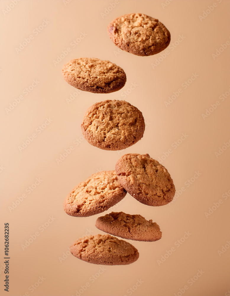 oatmeal cookies floating or flying isolated on biege background oatmeal cookies floating or flying isolated on biege background