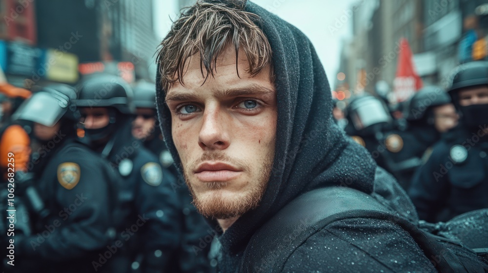 Hooded Protester Stands Defiant: A Portrait of a Man in Casual Wear Confronting Crowded Police Officers on City Street Hooded Protester Stands Defiant: A Portrait of a Man in Casual Wear Confronting Crowded Police Officers on City Street