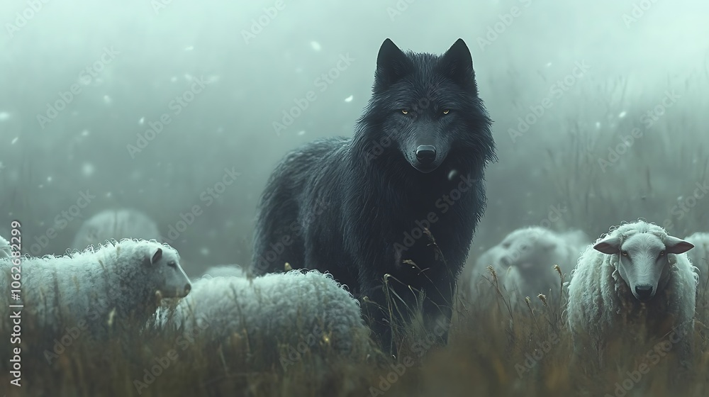 Dark, bold wolf standing fearlessly among peaceful white sheep, symbolizing power and mystery, ambient fog creating a sense of depth, soft natural light with detailed shadows, Dark, bold wolf standing fearlessly among peaceful white sheep, symbolizing power and mystery, ambient fog creating a sense of depth, soft natural light with detailed shadows,