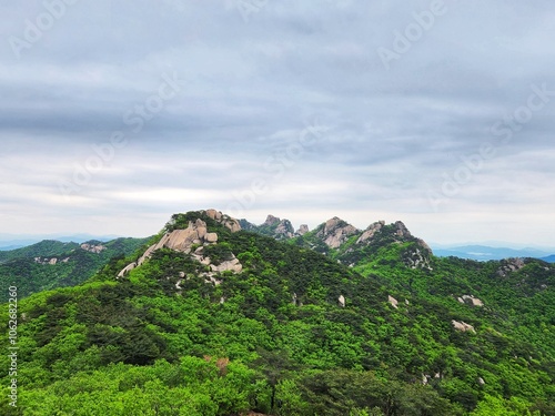 Image of summer scenery of Dobongsan Mountain near Seoul, Korea. Hiking in Dobosan National Park. korea mountains. trekking. korean landscapes. bukhansan national park.