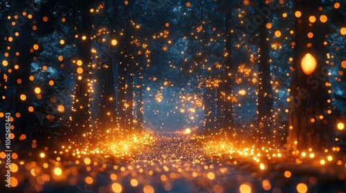 Abstract christmas fairy lights with magical forest in background