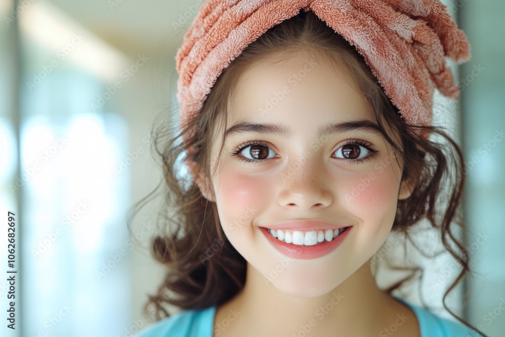 Radiant Relaxation: Young Woman Smiling in Towel for Spa and Skincare Radiant Relaxation: Young Woman Smiling in Towel for Spa and Skincare