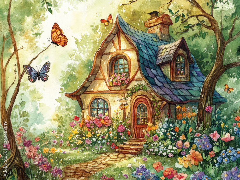 Fototapeta premium A charming cottage surrounded by blooming flowers