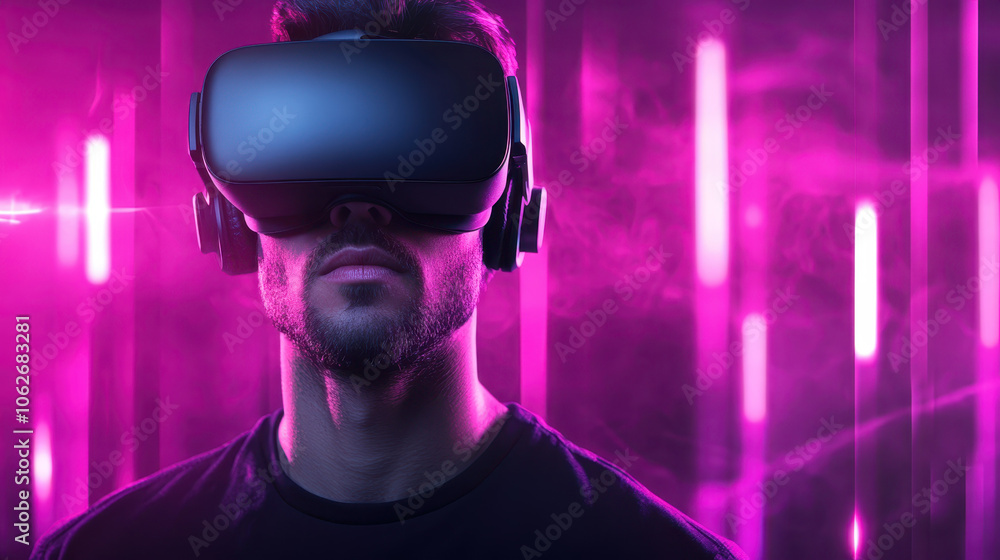 man wearing virtual reality headset in vibrant, neon lit environment, immersed in exciting experience. atmosphere is filled with colorful lights and sense of adventure man wearing virtual reality headset in vibrant, neon lit environment, immersed in exciting experience. atmosphere is filled with colorful lights and sense of adventure