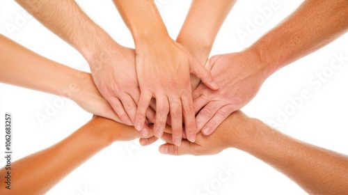 Hands stacked together symbolizing teamwork and unity.