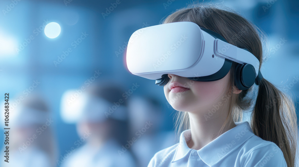 girl wearing virtual reality headset, immersed in technology and innovation. background features other children with headsets, creating futuristic atmosphere girl wearing virtual reality headset, immersed in technology and innovation. background features other children with headsets, creating futuristic atmosphere