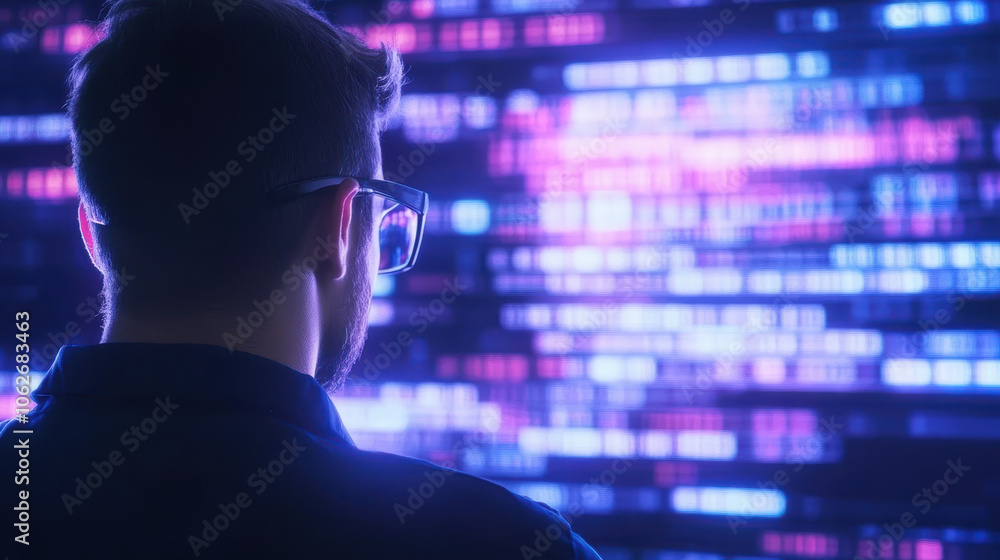person with glasses observing colorful digital display, immersed in technology and data analysis. vibrant lights create futuristic atmosphere person with glasses observing colorful digital display, immersed in technology and data analysis. vibrant lights create futuristic atmosphere