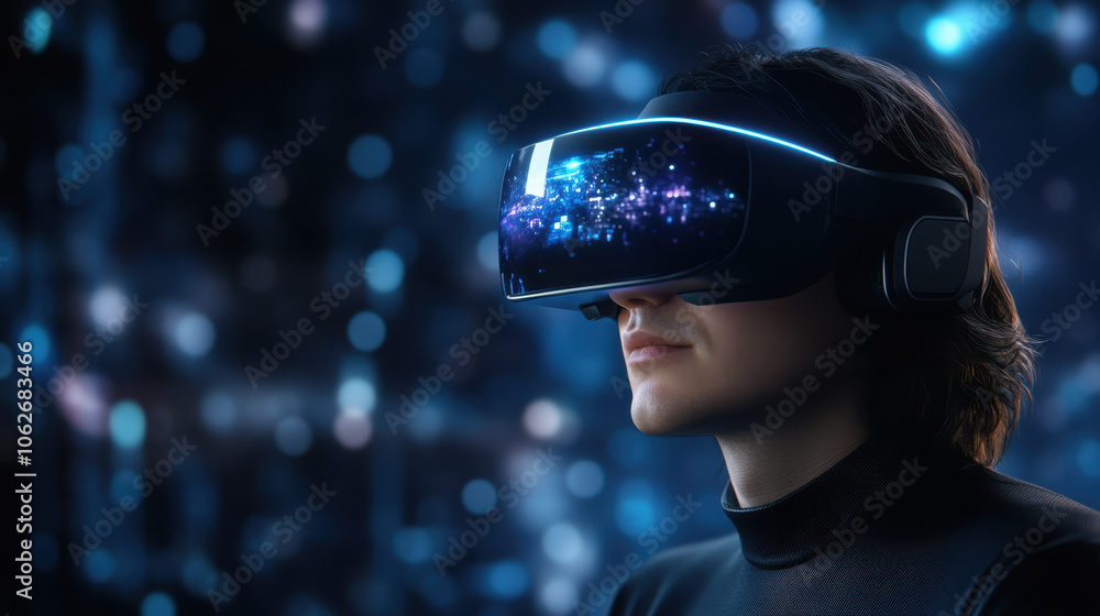 person wearing virtual reality headset, immersed in digital world, showcasing advanced technology and futuristic visuals. scene is vibrant and captivating person wearing virtual reality headset, immersed in digital world, showcasing advanced technology and futuristic visuals. scene is vibrant and captivating