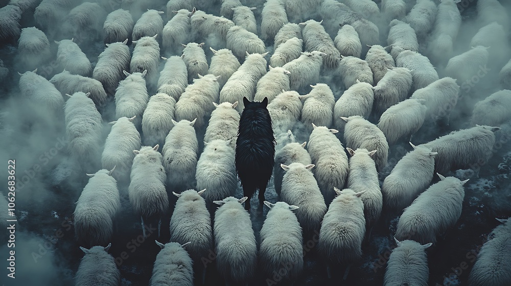 Fototapeta premium Overhead view of countless white sheep with a single black wolf in their midst, its dark form stark against the herd, subtle misty atmosphere with soft light, cinematic depth,