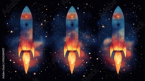 Three Spaceships Launch into a Starry Sky