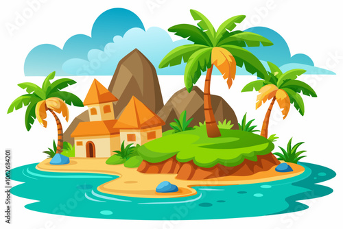 Tropical beach scene with many palm trees at day time illustration