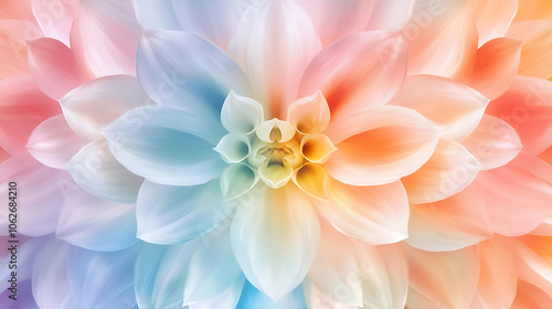 Macro shot of dahlia petals with vivid colors and symmetry, creating serene atmosphere