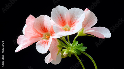 Delicate geranium petals showcase soft pink hues against dark background