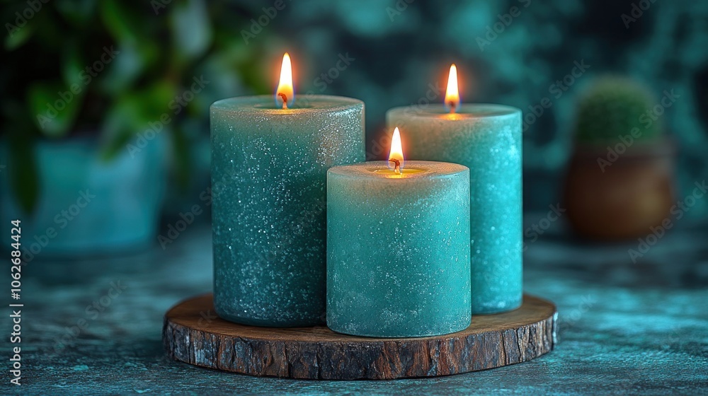 Three teal candles with flames on a wooden base, creating ambiance. Three teal candles with flames on a wooden base, creating ambiance.