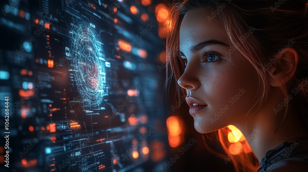 Woman Presenting AI Advancements in Technology Environment Woman Presenting AI Advancements in Technology Environment