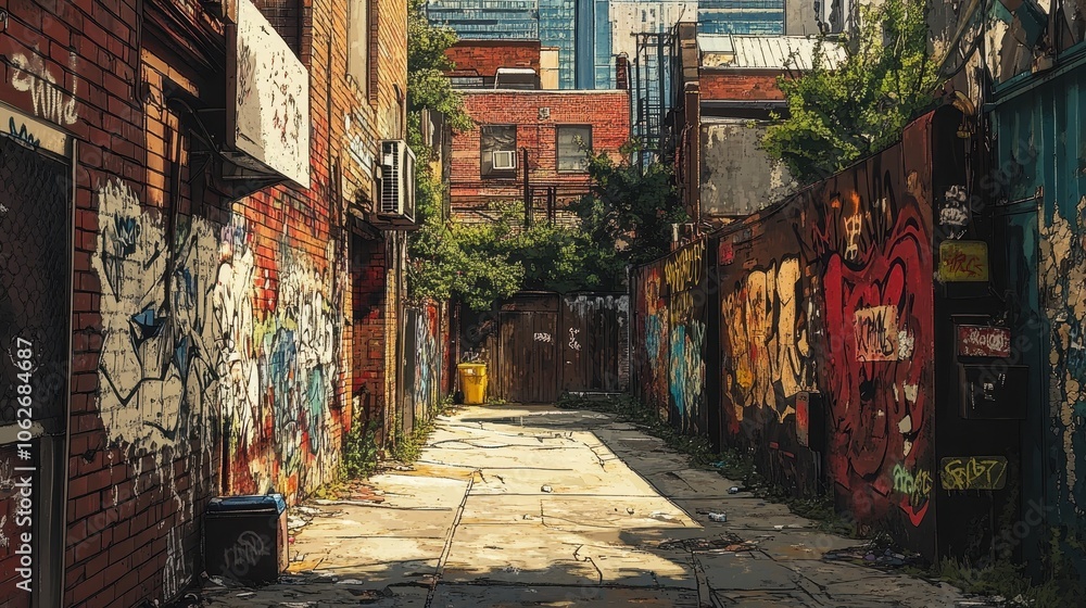 Fototapeta premium Urban alleyway with graffiti art