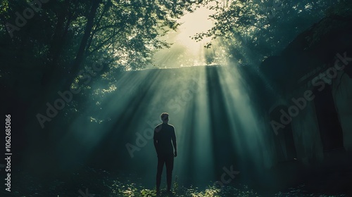 Silhouetted male against ethereal sunlight streaming through trees.