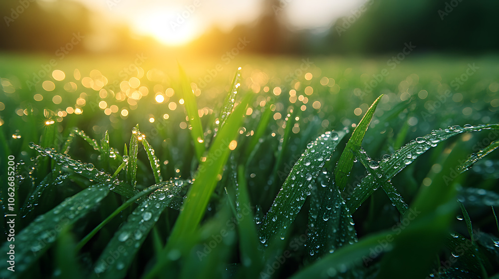 Close-up of Early Morning Dew on Fresh Green Grass with Sunlight Shining Through
Close-up of Early Morning Dew on Fresh Green Grass with Sunlight Shining Through