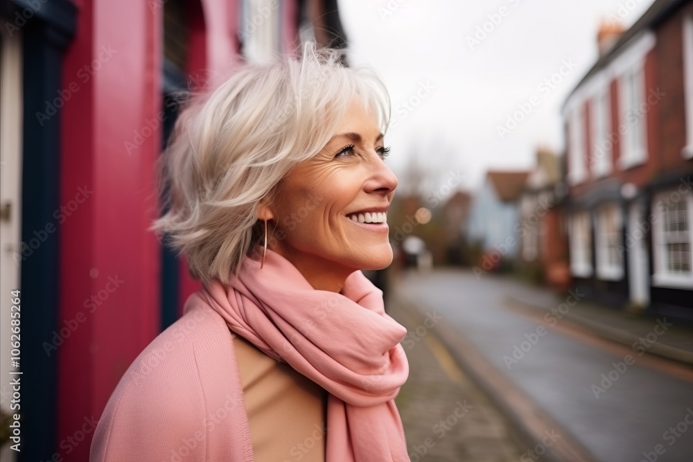 Portrait of a beautiful middle-aged woman with short white hair and pink scarf in the city Portrait of a beautiful middle-aged woman with short white hair and pink scarf in the city