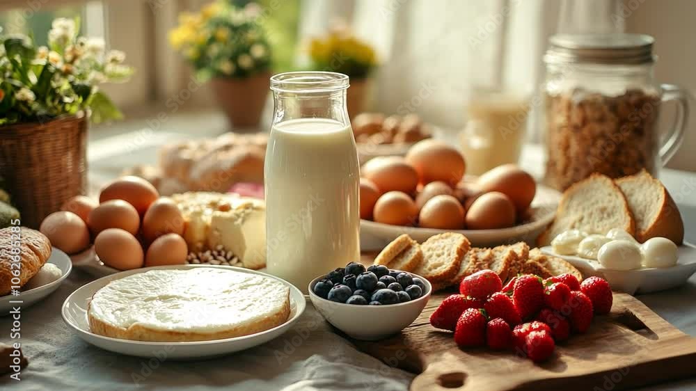 Milk for breakfast, with a full breakfast spread including milk, bread, eggs, and fruit, emphasizing a healthy Milk for breakfast, with a full breakfast spread including milk, bread, eggs, and fruit, emphasizing a healthy