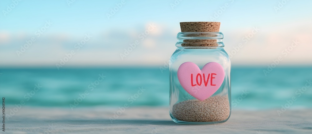 A glass bottle with a handwritten LOVE message in a pink heart floating on the calm azure waters of the ocean The bottle is surrounded by seashells and driftwood creating a serene romantic A glass bottle with a handwritten LOVE message in a pink heart floating on the calm azure waters of the ocean The bottle is surrounded by seashells and driftwood creating a serene romantic
