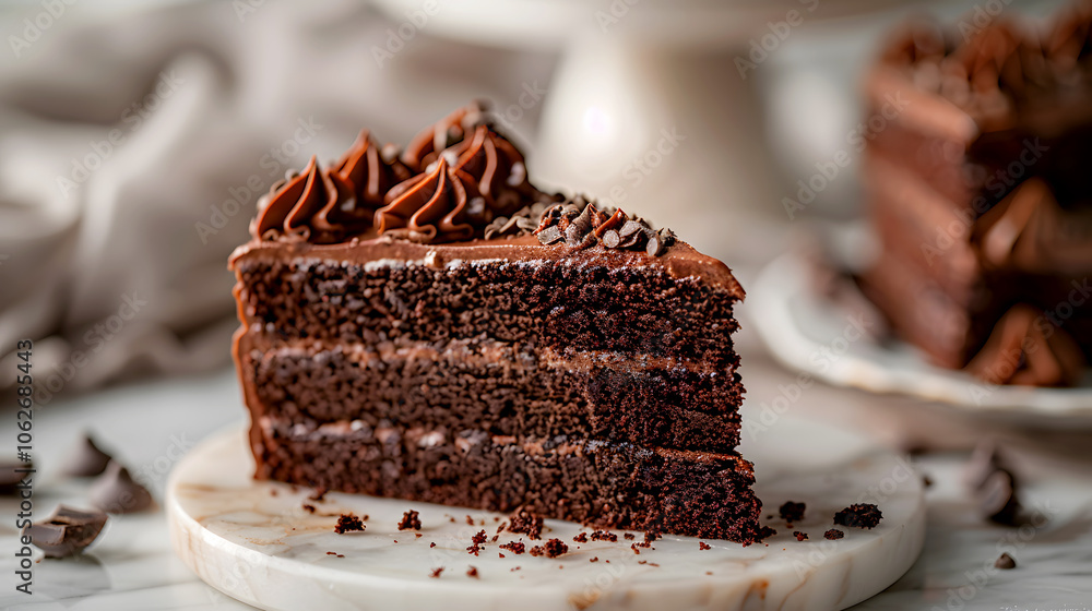 Rich Chocolate Cake Slice on White Marble Plate Rich Chocolate Cake Slice on White Marble Plate