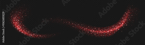 Red glitter splashes, shiny star dust explosion, shimmer spray effect, festive holiday particles isolated on a dark background. Vector illustration. Christmas decoration.