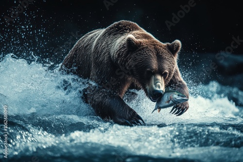 A powerful grizzly bear standing in a rushing river, its massive paw swiping through the water as it catches a leaping salmon