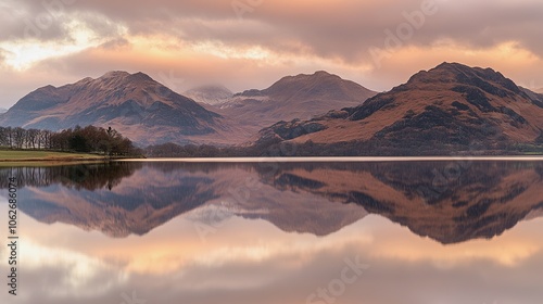 Still Body of Water Reflecting Colorful Dusk Sky, Framed by Natural Elements for Depth and Tranquility