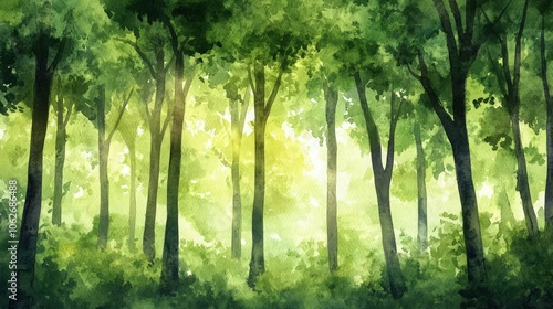 A dense watercolor forest featuring tall green trees with lush canopies, dappled sunlight filtering through the leaves, casting soft shadows on the forest floor.