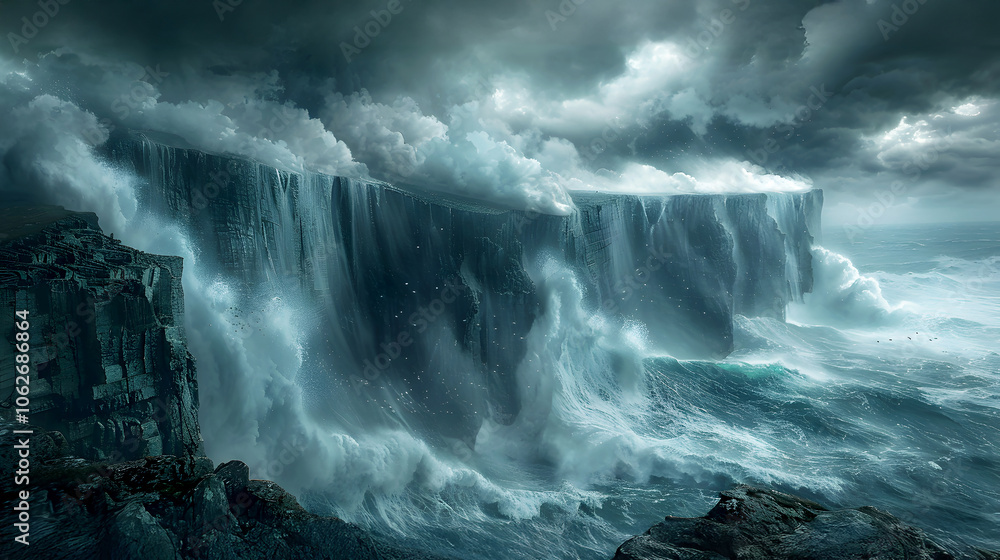 Obraz premium Dark Clouds Over Rugged Cliffs and Ocean Waves