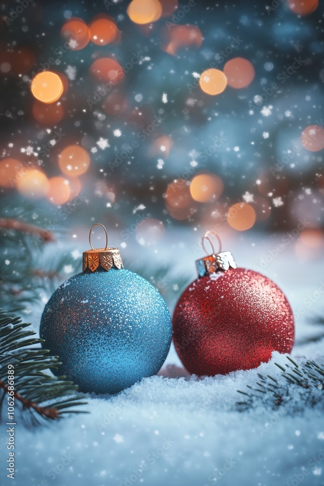 Christmas background with snow lights and bokeh, red and blue Christmas ornaments on the ground. Christmas background with snow lights and bokeh, red and blue Christmas ornaments on the ground.