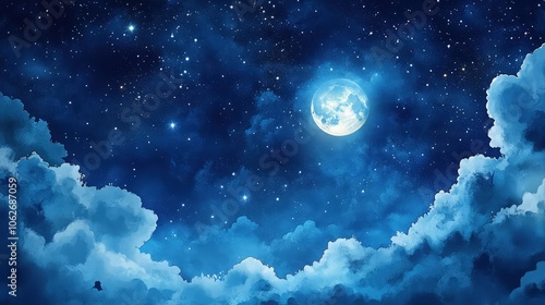 A night sky painting with deep blue watercolor hues, illuminated by a full moon and sparkling stars, with delicate clouds drifting in the foreground.